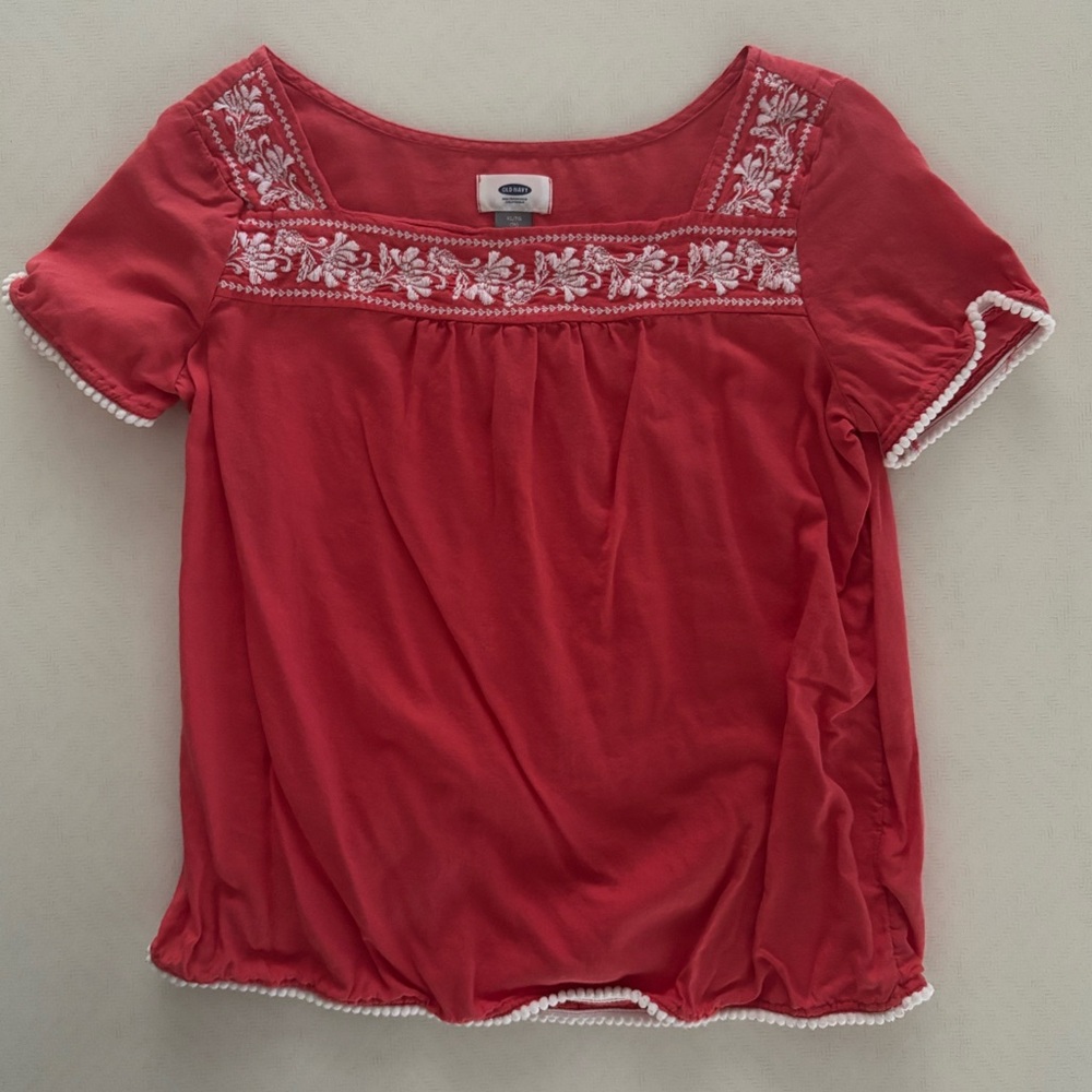 Old Navy Coral Blouse with White Embroidery
